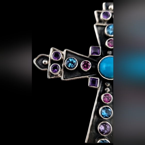 Nicky Butler 925 Sterling Silver Cross Necklace Pendant Turquoise Topaz Vintage - Picture 3 of 16